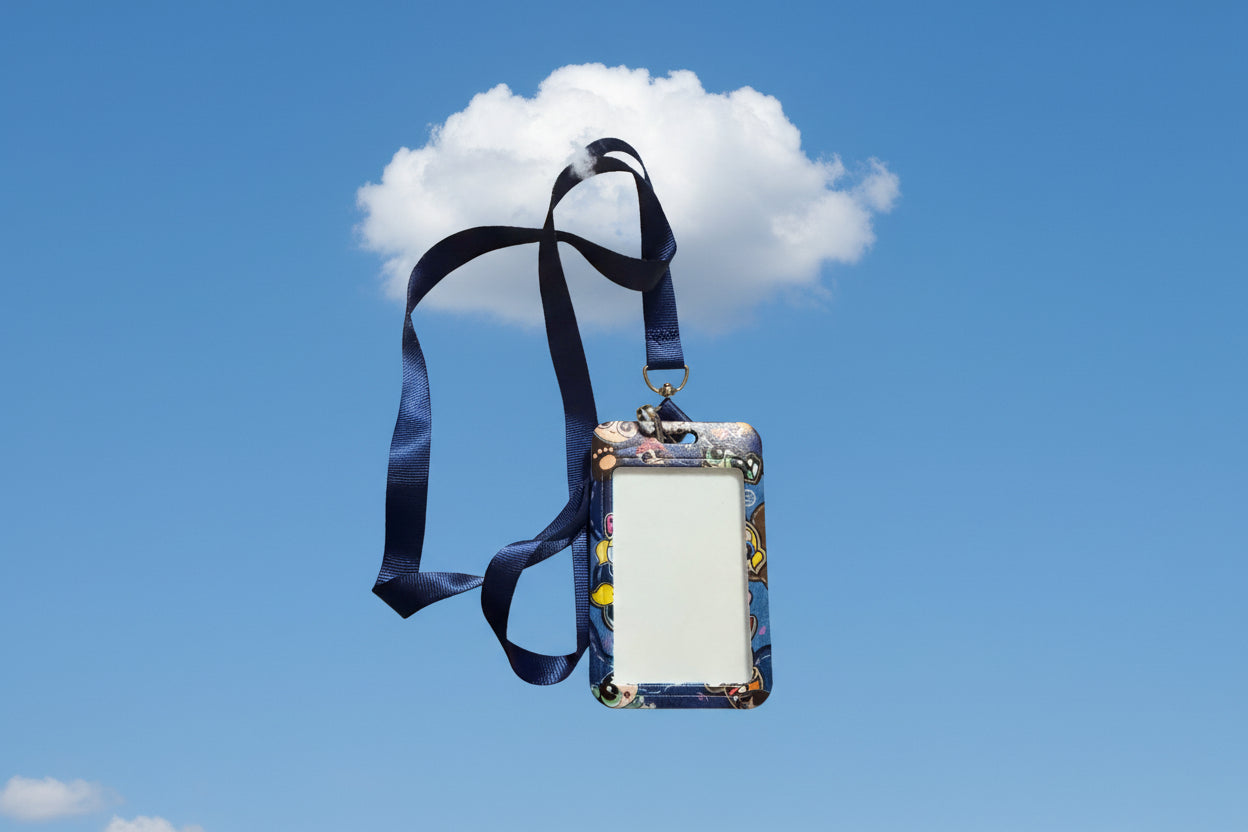MAKE BADGE AND LANYARD LARGER AND HAVE IT HANGING OFF OF A CLOUD WITH A BLUE SKEY BACKROUND