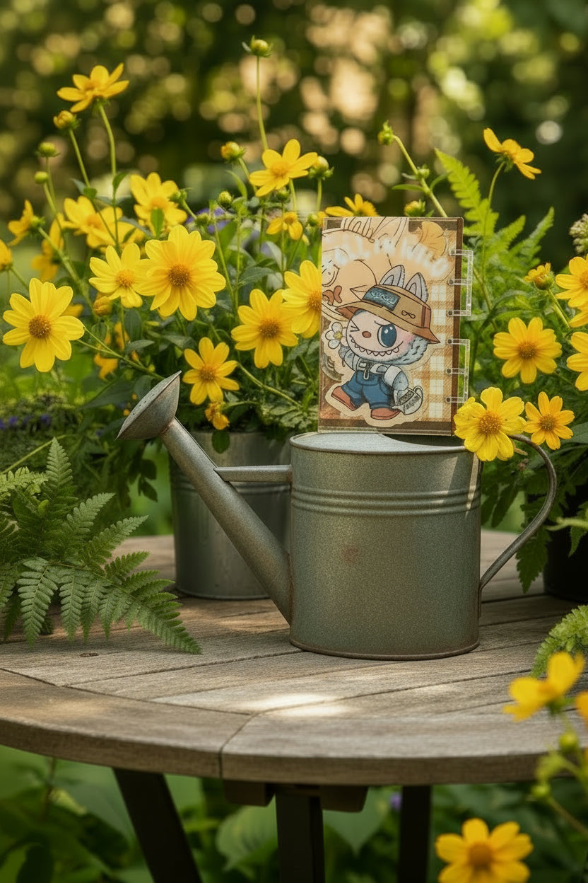 GARDEN TABLE WITH NOTEBOOK SITTING ON WATERING CAN AND GREEN AND YELLOW FLOWERS