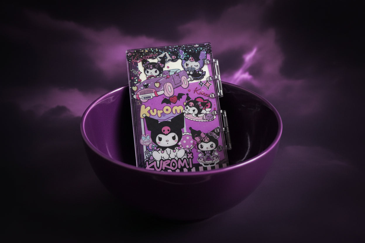 NOTEBOOK IN THE MIDDLE OF PURPLE BOWE WITH CLOUDY BLACK AND PURPLE BACKROUND