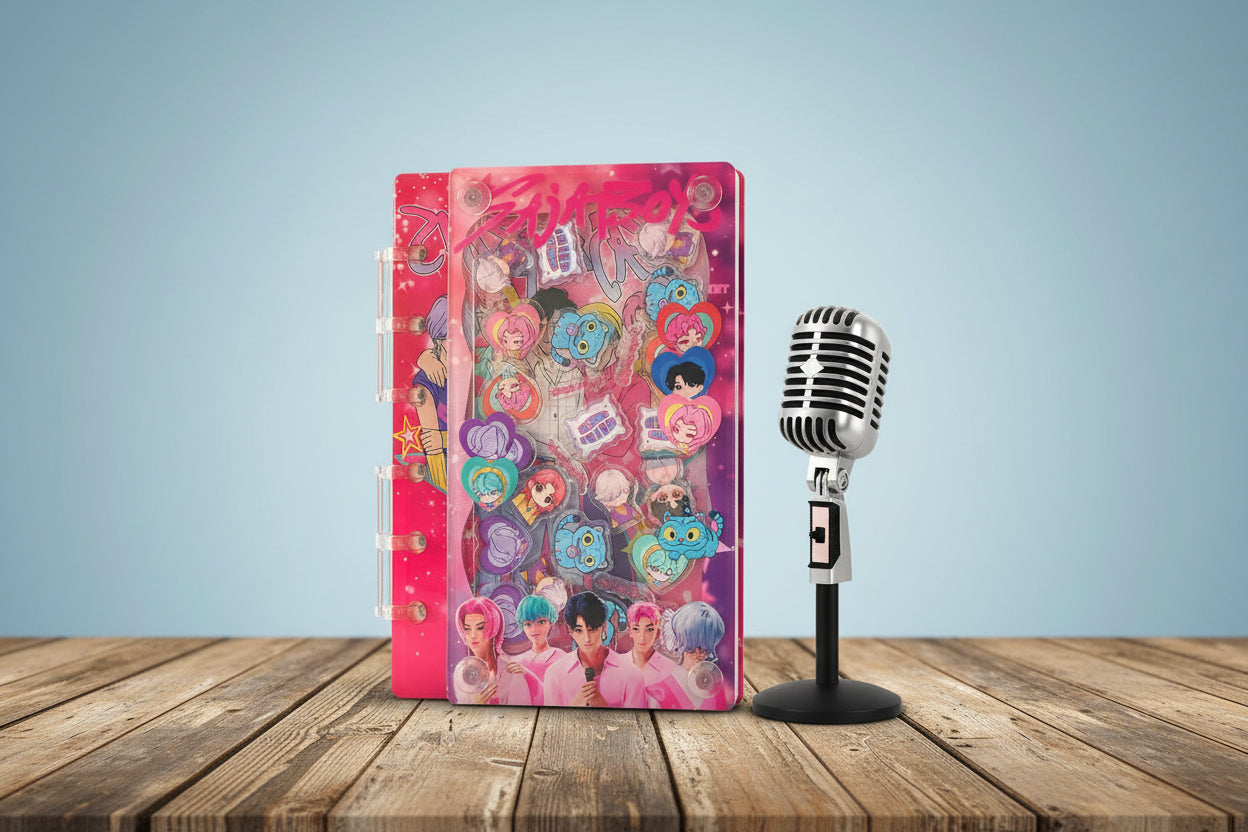 NOTE BOOK STANDING UP WITH A RUSTIC STAGE WITH MICROPHONE IN LIGHT BLUE BACKGROUND