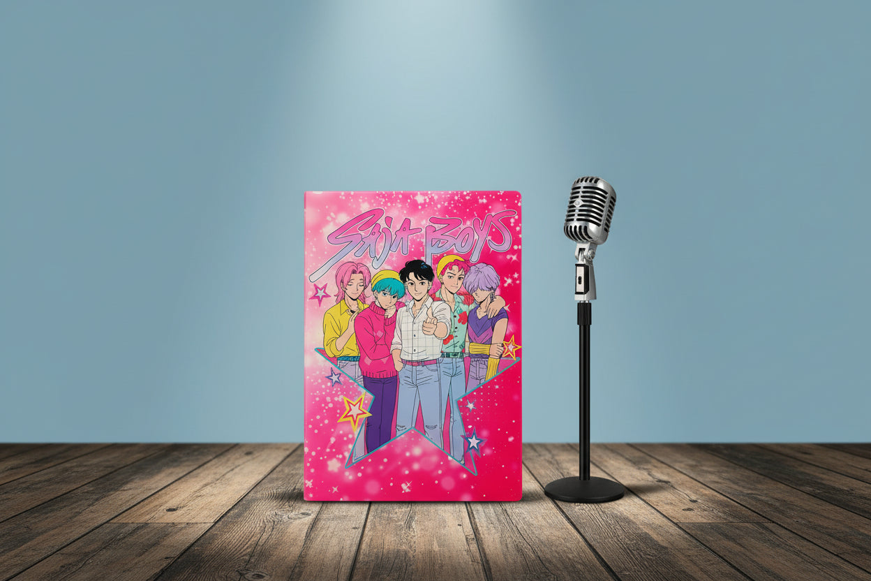 NOTE BOOK STANDING UP WITH A RUSTIC STAGE WITH MICROPHONE IN LIGHT BLUE BACKGROUND
