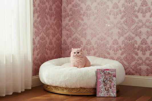 FLUFFY WHITE CAT BED WITH PINK CAT COLOR WITH NOTEBOOK STANDING UP ON BED