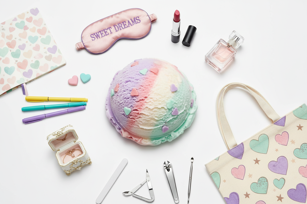 add mystery scoop with purple pink white and green colored hearts. around the scoop add accessories like notebook, eye mask, lip stick, pens, erasers, jewelry box, perfume, tote bag, nail tools