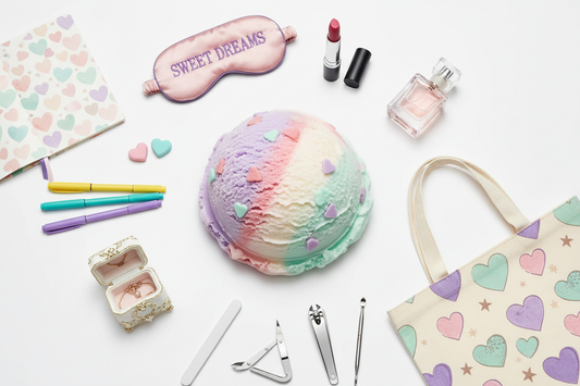 add mystery scoop with purple pink white and green colored hearts. around the scoop add accessories like notebook, eye mask, lip stick, pens, erasers, jewelry box, perfume, tote bag, nail tools