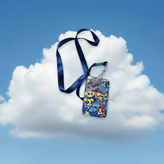 BLUE SKY WITH POWER PUFF GIRLS ID BADGE AND  BLUE LAYNARD HANGING ON A CLOUD BUT MAKE ID BADGE LARGER 